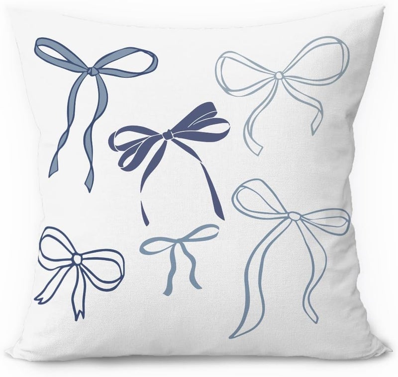 ETVISO Blue Coquette Room Decor, Navy Blue Ribbon Bow Pillow Cover 18x18, Preppy Coquette Bow Decorative Throw Pillow Case for Girls Bedroom Home Drom Apartment - Image 1